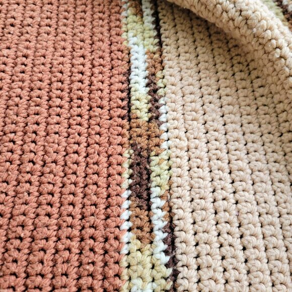 Vintage Crochet LONG Afghan Blanket, Pink, Brown & Cream Stripes Couch Throw - Picture 9 of 10